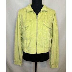 AERIE Ribbed Velour Zip Up Long Sleeve Lime Green‎ Crop Sweater LARGE NWT